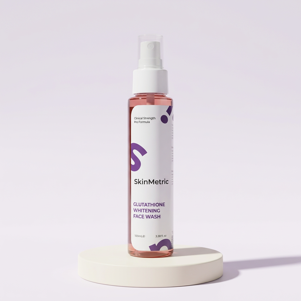 SkinMetric Glutathione Whitening Face Wash on an ivory pedestal against a pale lavender background