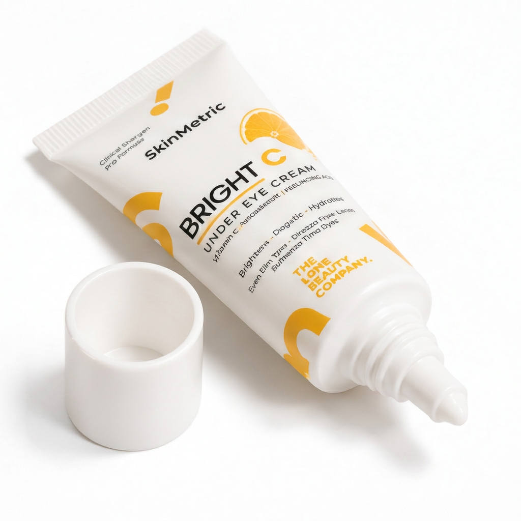 Open SkinMetric Bright C under eye cream tube with cap beside it