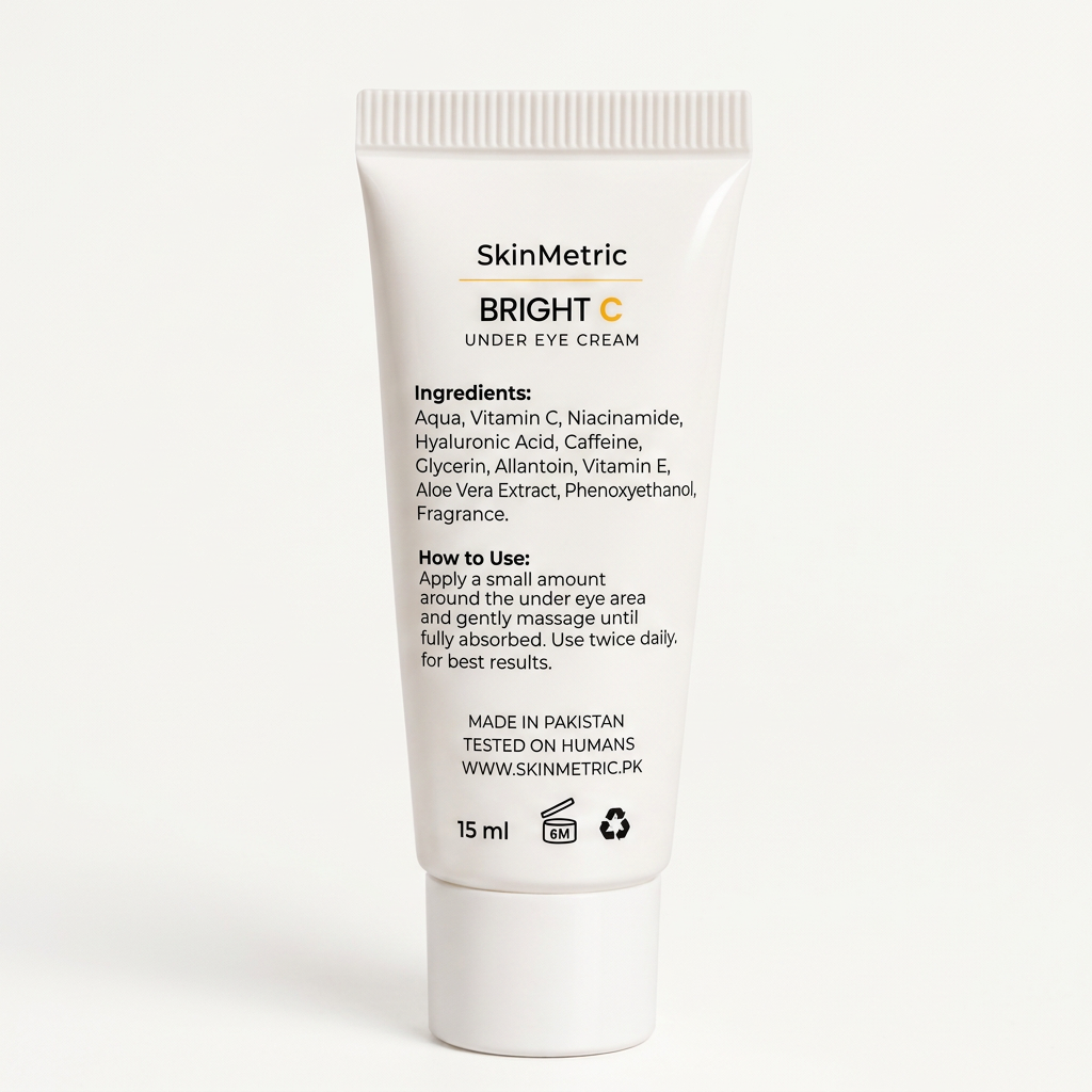 Back of SkinMetric Bright C under eye cream showing ingredients and directions