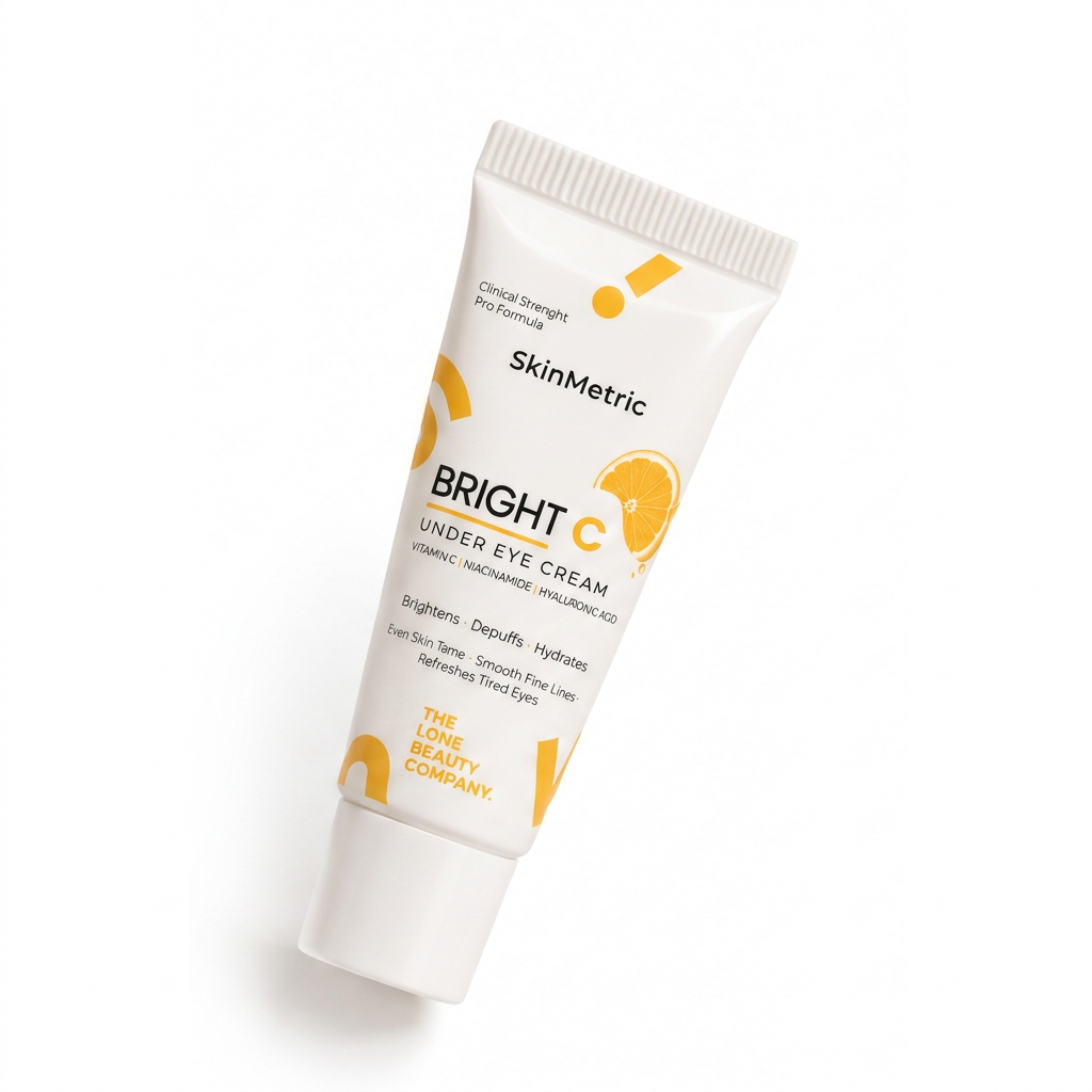 SkinMetric Bright C under eye cream tube at an angle on a white background