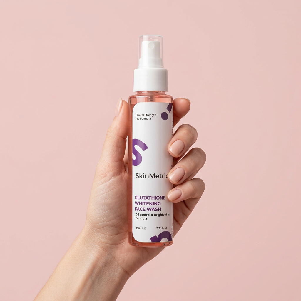 SkinMetric face wash held in a fair-skinned woman’s hand