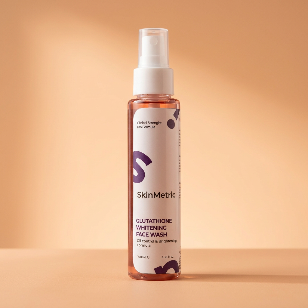 SkinMetric face wash with a warm peach studio background